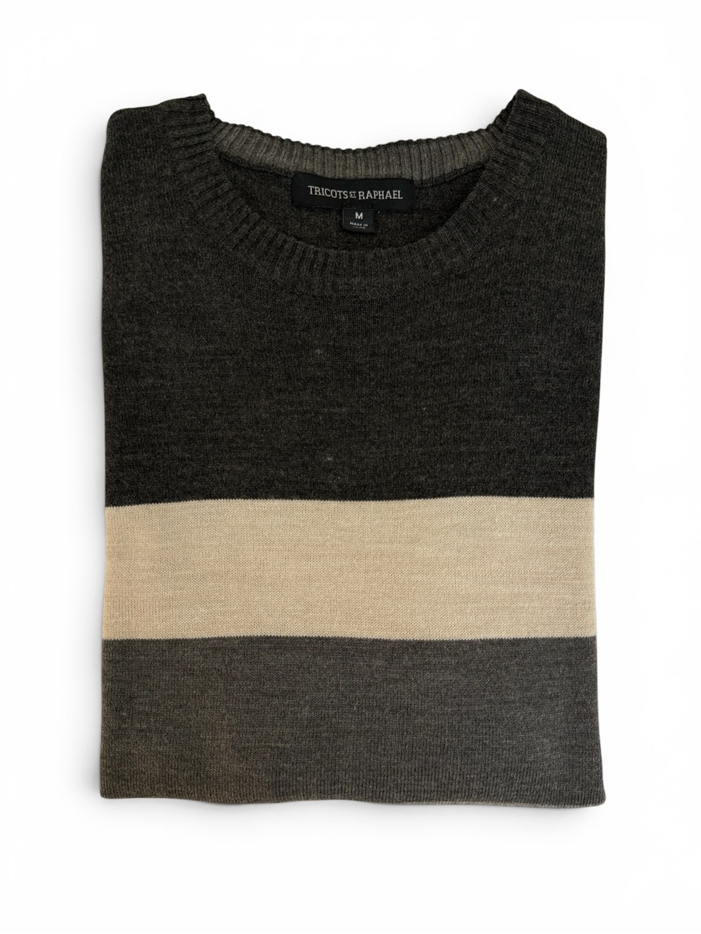Tricots St. Raphael Gray, Brown & Cream Striped Crewneck Sweater - Picture 8 of 9